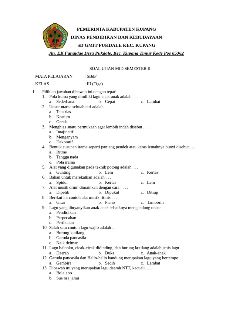 Soal Ujian SBdP Kelas 3 Semester II PDF