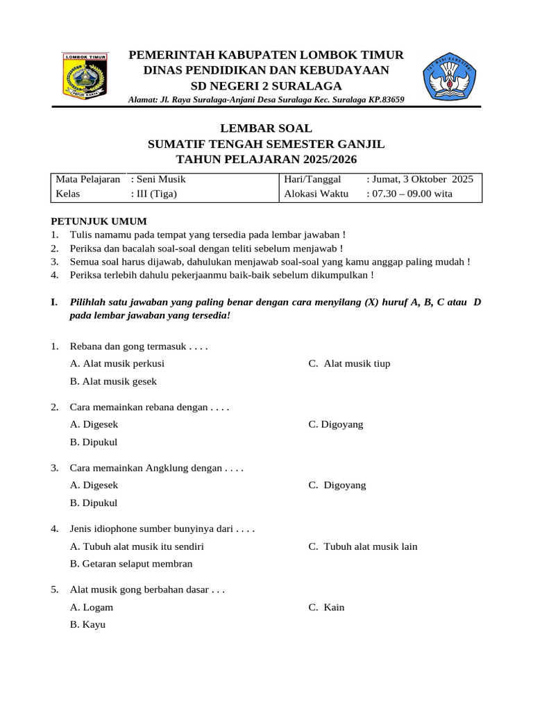 15 Contoh Soal PTS SBdP Kelas 3 Semester 1 yang Sering Keluar dan Wajib Dipelajari Siswa