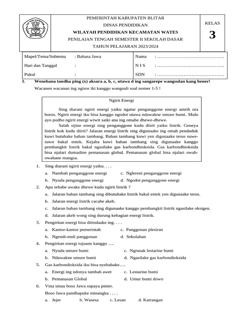 Soal Pts Bahasa Jawa Kelas 3 Semester 2 1 PDF