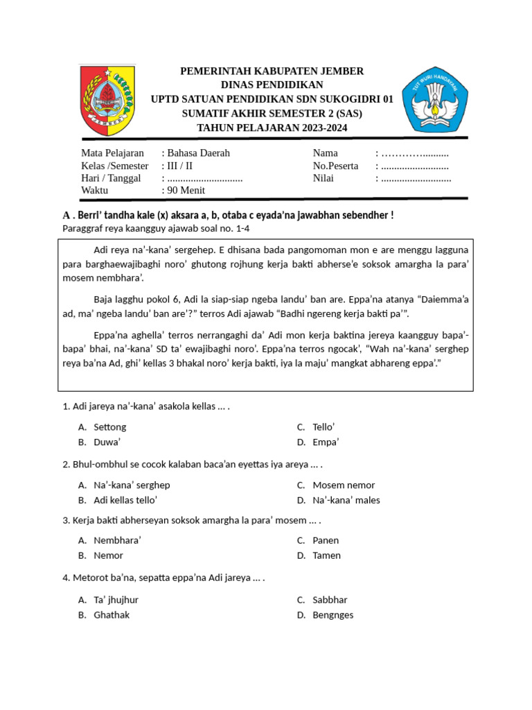 Soal Ujian Bahasa Daerah Kelas 3 PDF Soal Ujian Bahasa Daerah Kelas 3 PDF