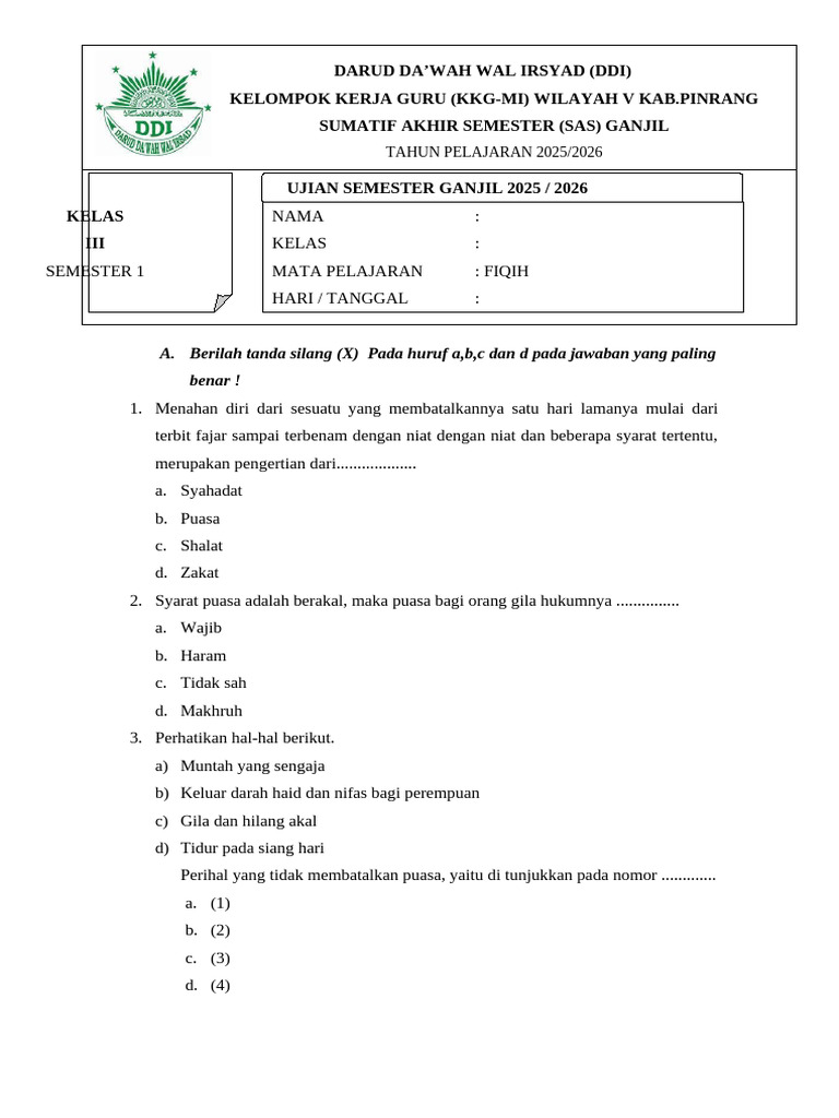 Akhirnya Ditemukan Soal Fiqih Kelas 3 Semester 1 Siap Cetak Paling Lengkap