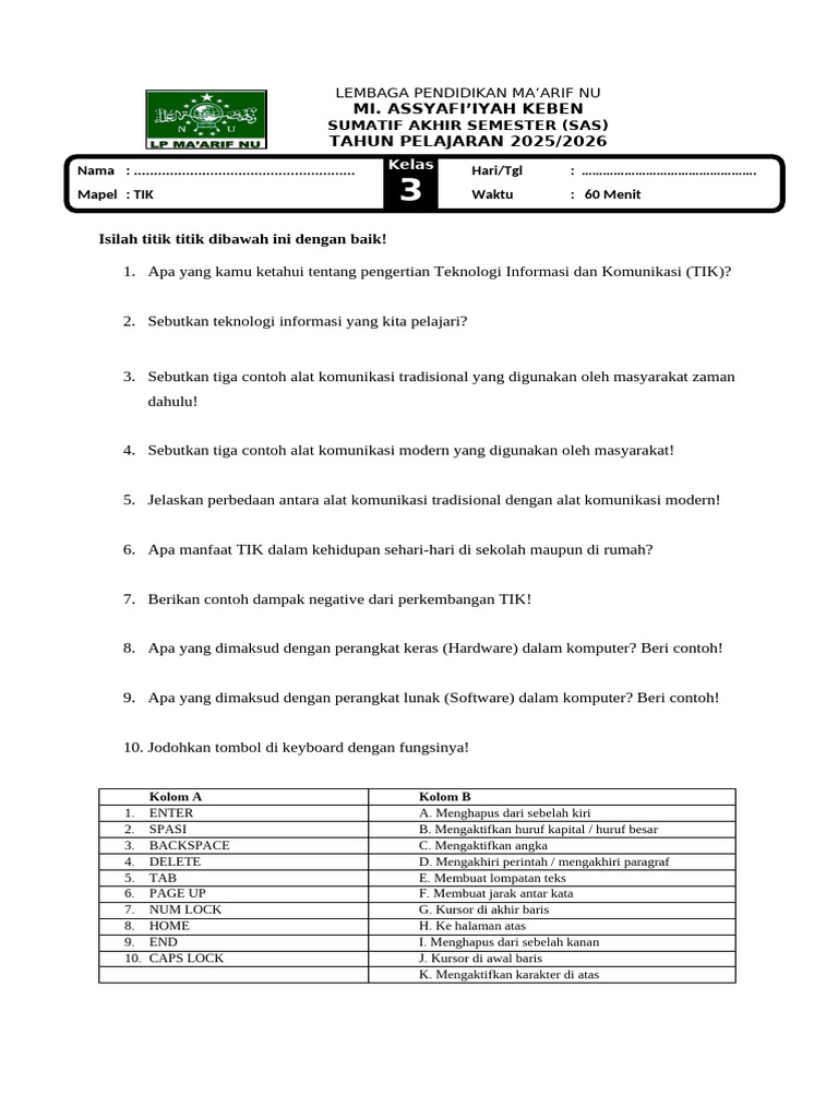 Soal TIK Kelas 3-6 Semester 2025 2026 PDF