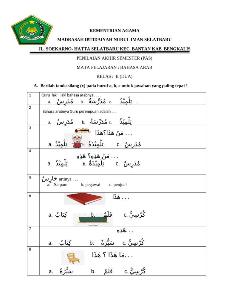 5 Contoh Soal UTS Bahasa Arab Kelas 3 Semester 2 yang Sering Muncul di Ujian
