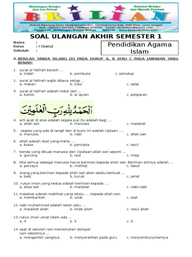 5 Contoh Soal UTS Semester 1 Agama Kelas 4 Revisi 2016 yang Sering Muncul, Wajib Tahu