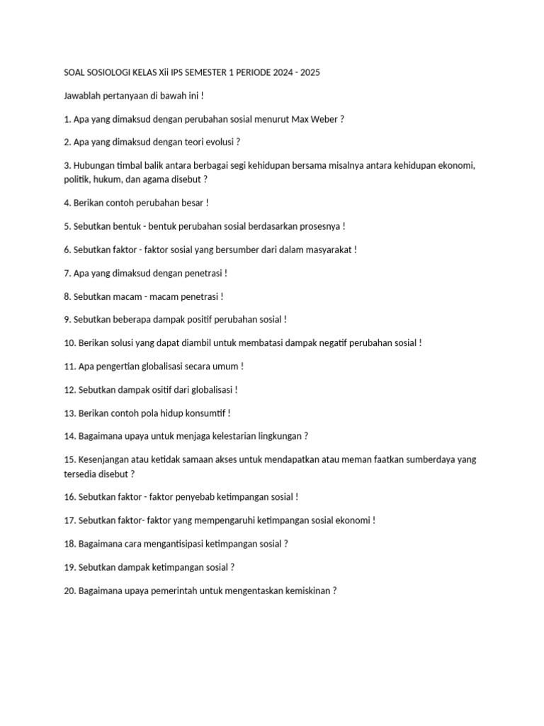 Soal Sosiologi Kelas XII IPS 2024-2025 PDF Soal Sosiologi Kelas XII IPS 2024-2025 PDF