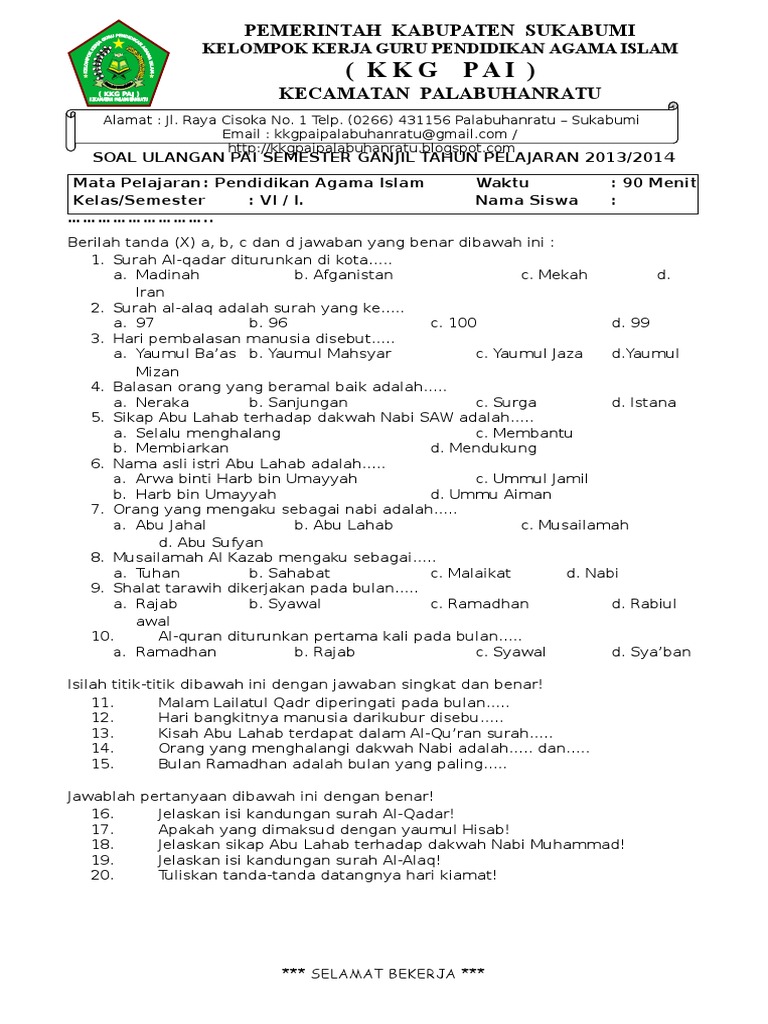 Soal Agama Islam Kelas 2 Semester 1 - Piffle me Soal Agama Islam Kelas 2 Semester 1 - Piffle me