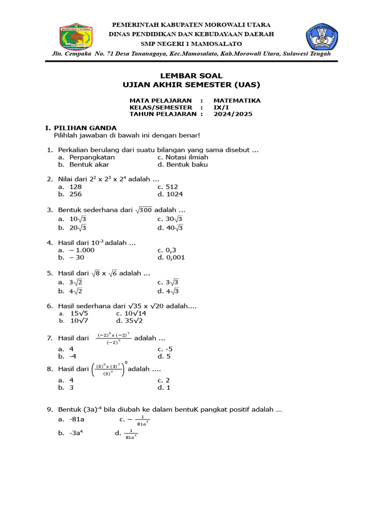 7 Contoh Soal UAS Kelas 9 Semester 1 Matematika yang Wajib Dipelajari Sebelum Ujian