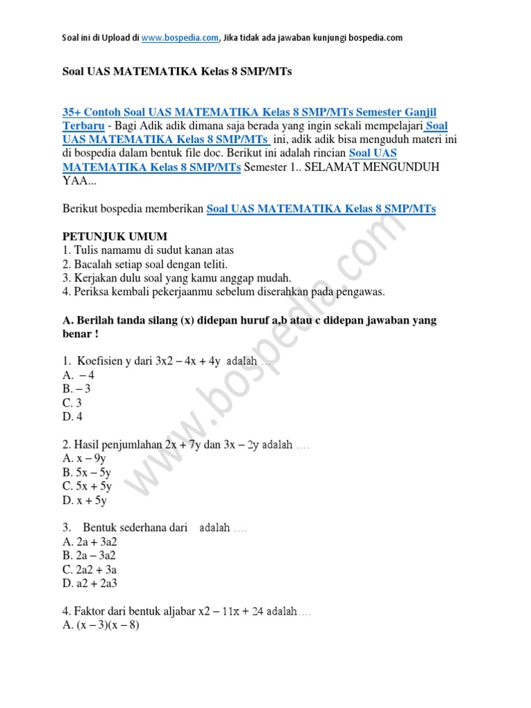 7 Rahasia Contoh Soal UAS Kelas 8 Semester 1 Matematika Bikin Nilai Meroket Sebelum Ujian