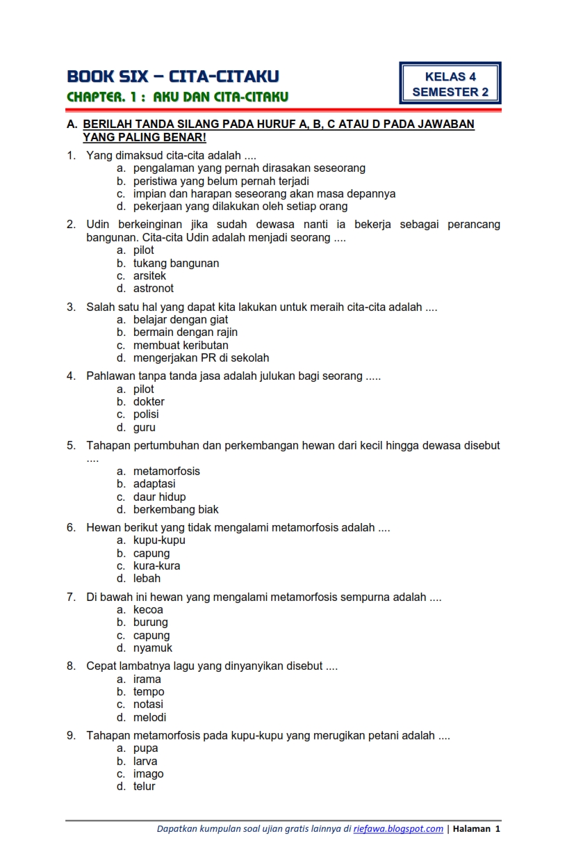 Contoh Soal UTS Tematik Kelas 4 Tema 6 Subtema 1 yang Wajib Dikuasai Sebelum Terlambat