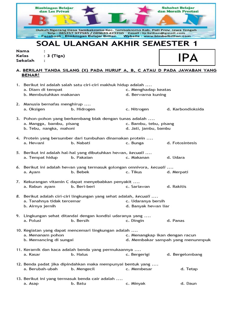 Terungkap Rahasia Kisi Kisi Soal Ulangan IPA Kelas 3 SD Semester 2 yang Wajib Diketahui