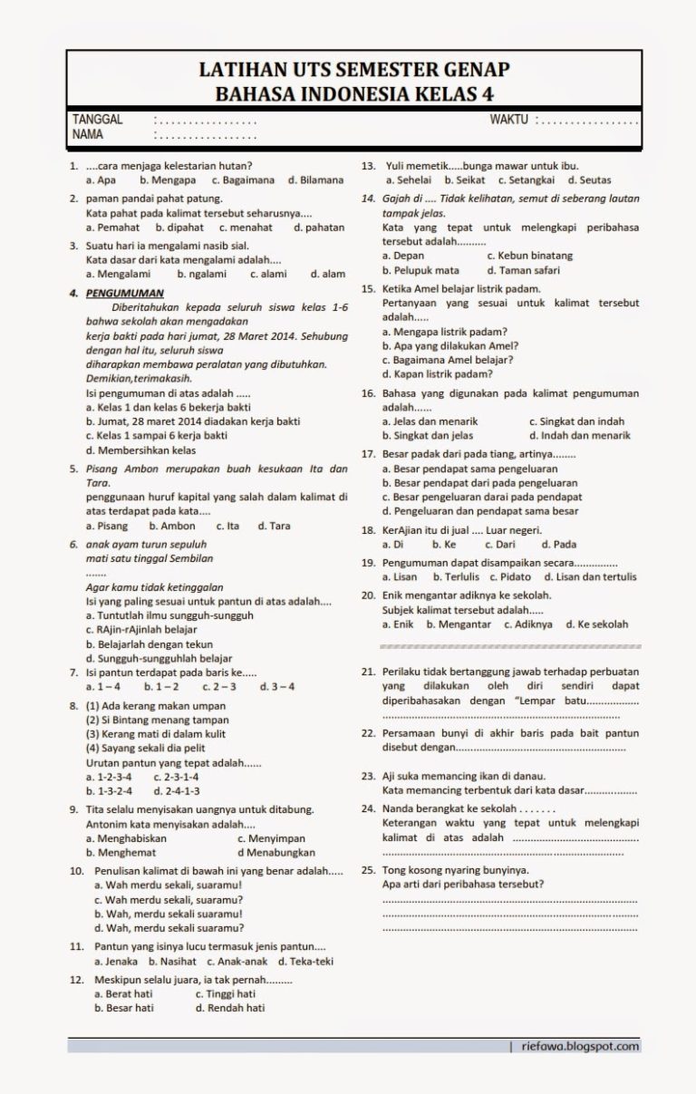 contoh soal uts tematik kelas 4 sd semester 1