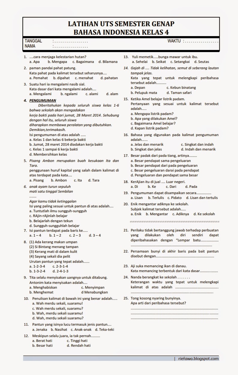 Soal Uts Bahasa Indonesia Kelas 4 Dalchaebi