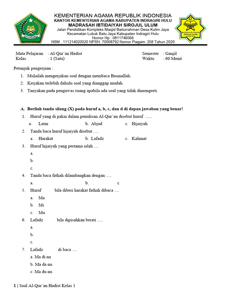 Rahasia Lulus Ujian: Kumpulan Contoh Soal Hadist untuk SD Kelas 1 dan 2 Terbaru Rahasia Lulus Ujian: Kumpulan Contoh Soal Hadist untuk SD Kelas 1 dan 2 Terbaru