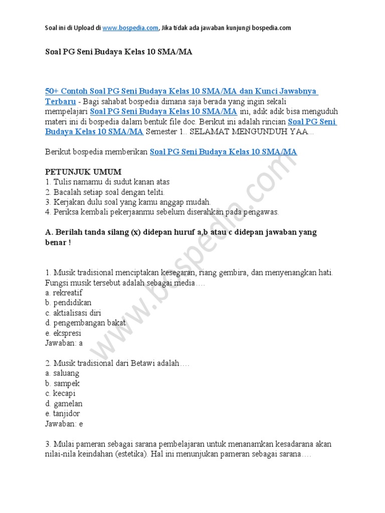 Rahasia Skor Sempurna Latihan Soal PG Pameran Seni Budaya Kelas 10 Semester 2 Terbaru Rahasia Skor Sempurna Latihan Soal PG Pameran Seni Budaya Kelas 10 Semester 2 Terbaru