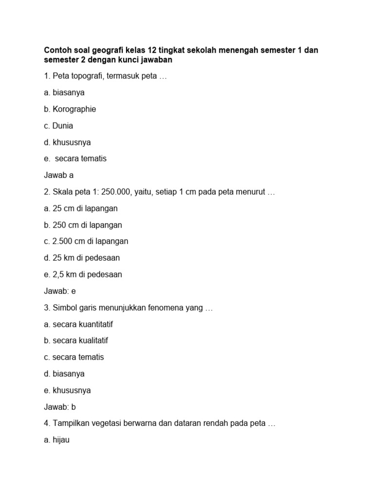 Wajib Tahu Contoh Soal Geografi Kelas XII Semester 1 Beserta Jawabannya Part-1 Terbaru